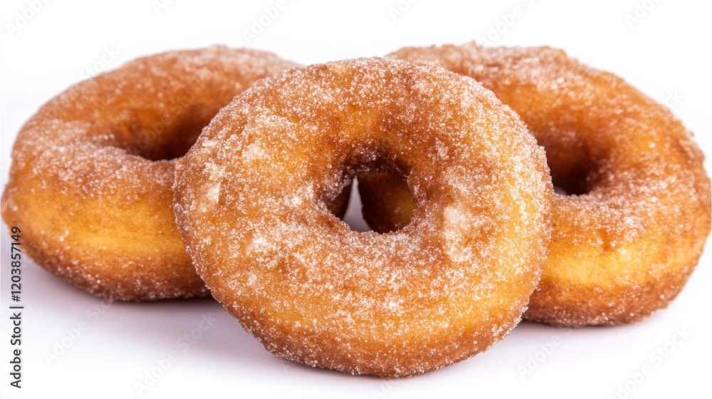 Three freshly made sugar-coated donuts arranged on a white background, showcasing their golden color Three freshly made sugar-coated donuts arranged on a white background, showcasing their golden color