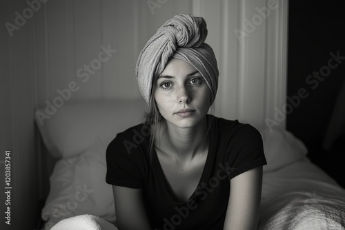 Woman with towel on bed in relaxing indoor setting captured from behind