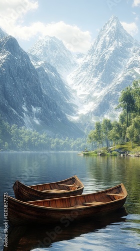 Scenic lake with wooden boats under majestic mountains in bright sunlight