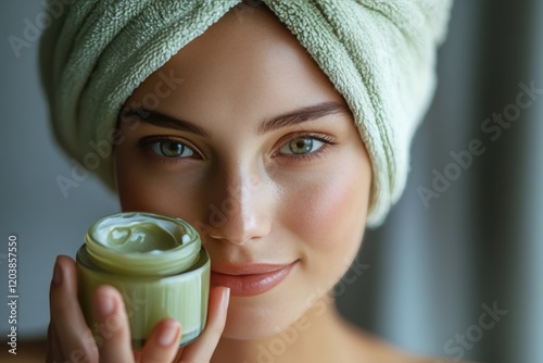 Young woman with glowing skin applying cream while relaxing at home