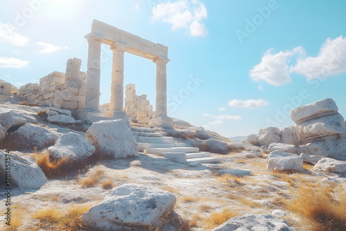 Ancient Gate Ruins with Sunrise Overlooking Mountains and Sky