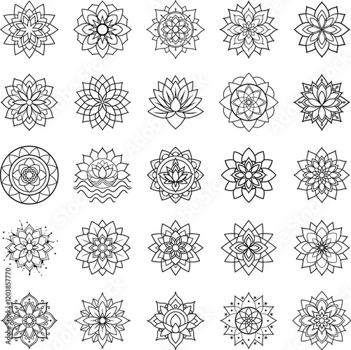 Collection of TwentyFive Intricate Floral Mandala Line Art Designs