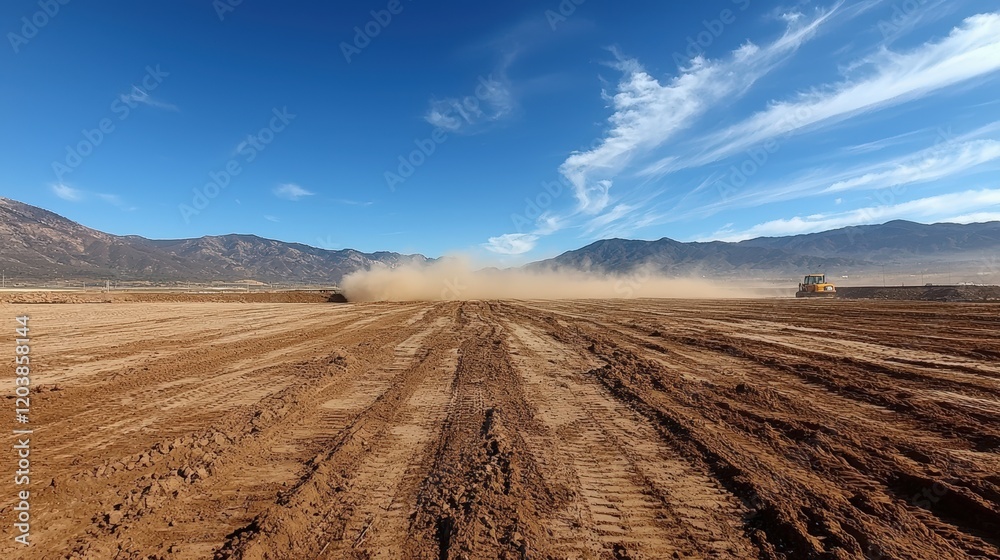Expansive Earthy Landscape with Dust Clouds and Mountain Range in Background Under Clear Blue Sky Expansive Earthy Landscape with Dust Clouds and Mountain Range in Background Under Clear Blue Sky