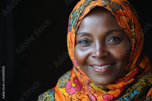 Smiling woman wearing an orange scarf poses amidst vibrant flowers in a seren...