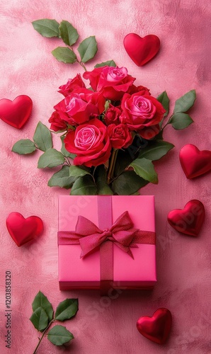A charming pink box tied with a delicate ribbon cradles a stunning bouquet of roses, embodying love and romance for Valentine's Day.