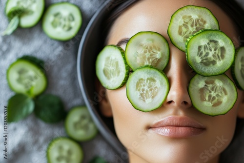 Cucumber slices placed on the face during a relaxation session at a spa treat...