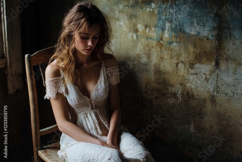Portrait of a woman in a white top and jeans sitting on a rustic chair in sof...