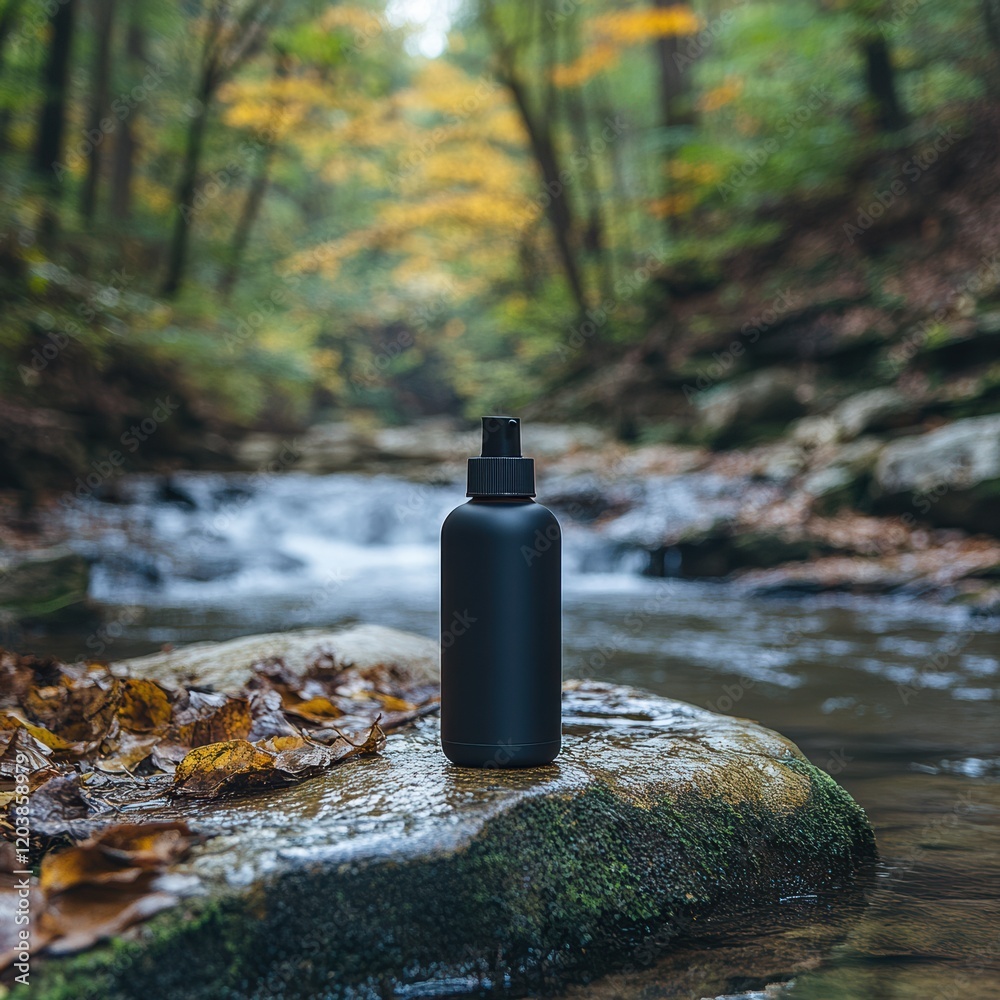 A black container stands alone on a rock near a flowing stream, surrounded by vibrant autumn foliage. The setting is serene, with the gentle sound of water enhancing the peaceful atmosphere A black container stands alone on a rock near a flowing stream, surrounded by vibrant autumn foliage. The setting is serene, with the gentle sound of water enhancing the peaceful atmosphere