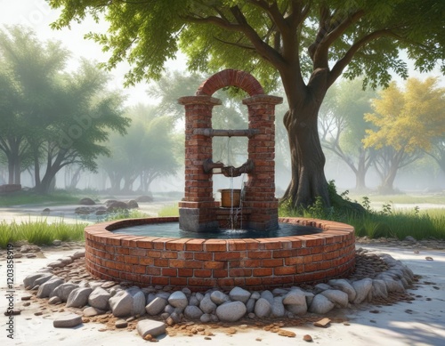 Brick water well on a white background with trees , architecture, building, rural photo