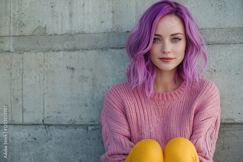 Young woman with purple hair wearing a pink sweater and yellow pants sitting ...