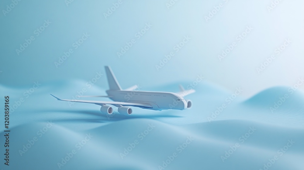 Fototapeta premium White airplane landing, blue hills, travel background