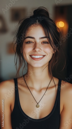 Smiling woman with natural beauty poses in a stylish indoor setting with soft...