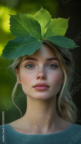 Woman wearing large leaf hat in lush greenery during daytime in natural setting