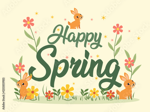 Happy Spring Greeting Card: A cheerful springtime greeting card featuring the words "Happy Spring" in a whimsical green font, surrounded by adorable bunny rabbits and blooming flowers.  