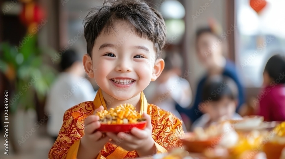 Happy Child Holding Bowl of Food in Bright Restaurant Setting