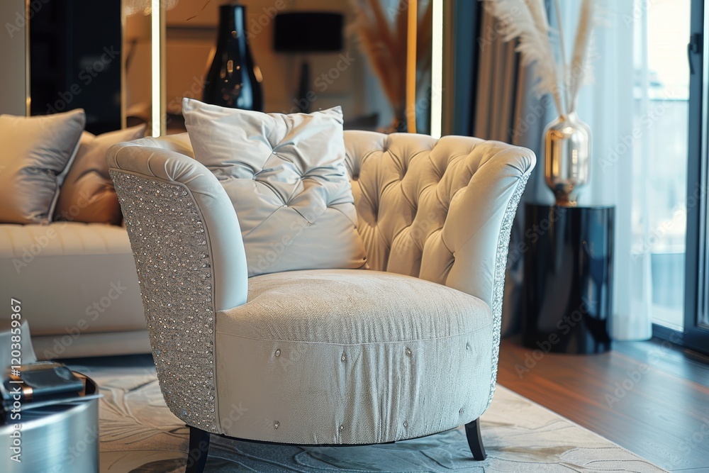 Obraz premium Luxurious armchair with fabric upholstery in elegant interior setting