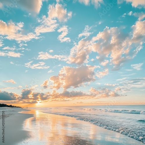 Serene sunset over tranquil ocean beach with soft clouds reflecting on wet sand.