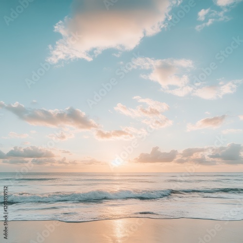 Serene sunrise over calm ocean waves on sandy beach.