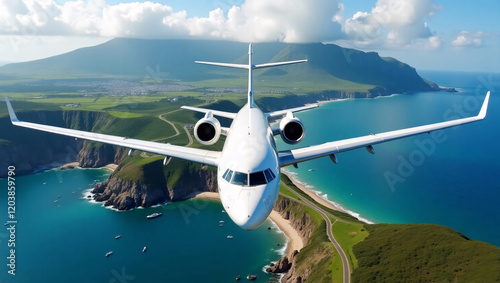 A stunning sunrise aerial view featuring a white airplane soaring above islands, with the sparkling sea below, offering a breathtaking and serene perspective of the landscape. photo