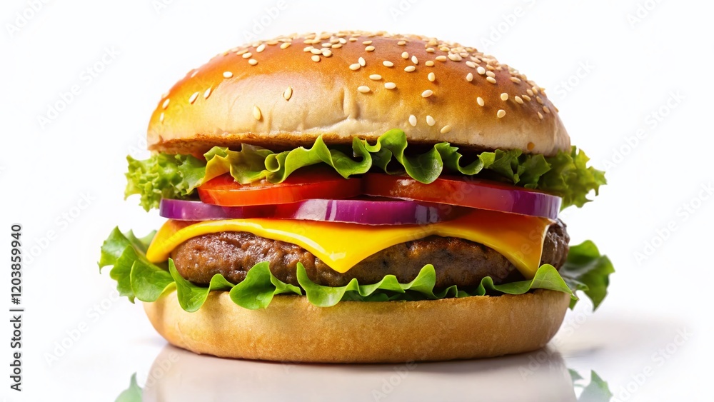 Minimalist Isolated Cheeseburger on White Background - Stock Photo Minimalist Isolated Cheeseburger on White Background - Stock Photo