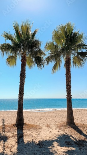 Two palm trees provide shade on a sunny beach with a clear blue sky and calm ...