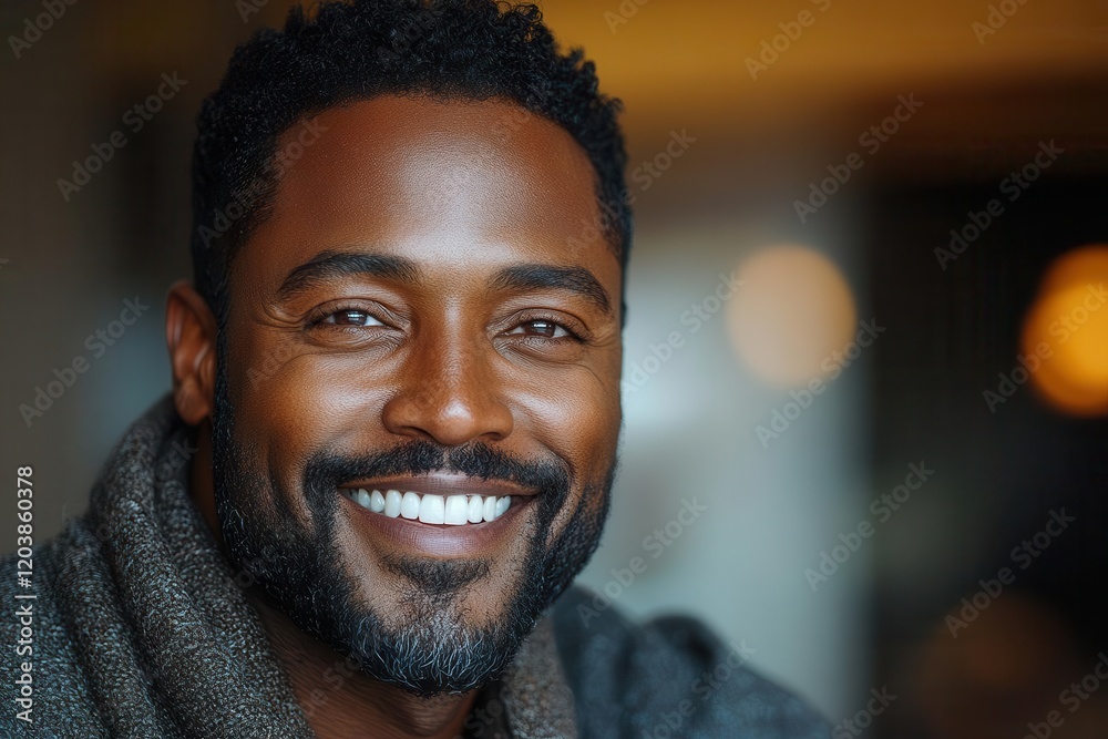 a confident black man laughing joyfully in studio lighting closeup portrait emphasizing genuine smile wellgroomed beard and glowing skin against soft bokeh background a confident black man laughing joyfully in studio lighting closeup portrait emphasizing genuine smile wellgroomed beard and glowing skin against soft bokeh background