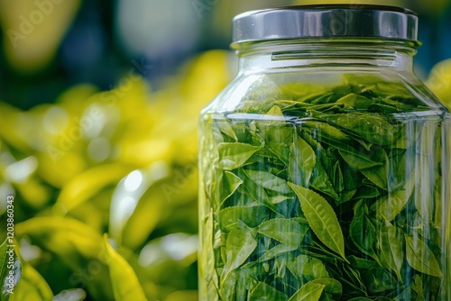 Fresh green tea leaves in a glass jar amidst lush tea plantation during daylight