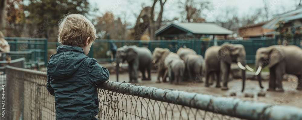 A child watching elephants at the zoo on a cloudy day. A child watching elephants at the zoo on a cloudy day.