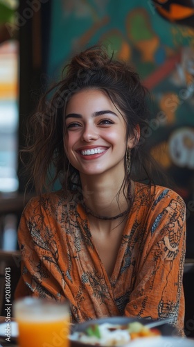 Smiling woman enjoying a meal at a lively outdoor restaurant on a sunny day