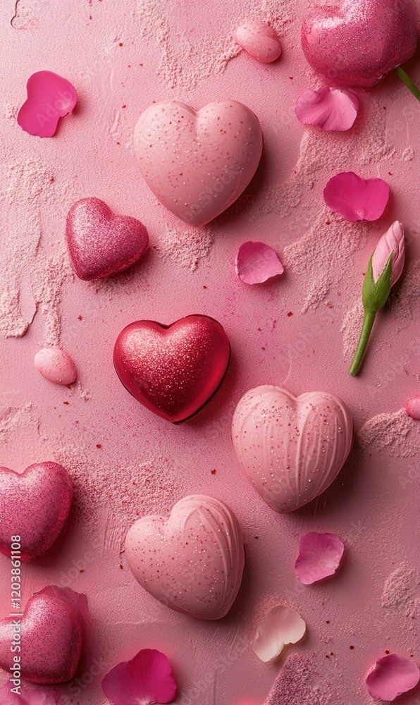 Obraz premium A whimsical arrangement of vibrant hearts and delicate flowers graces a soft pink surface, celebrating love and affection on Valentine's Day.