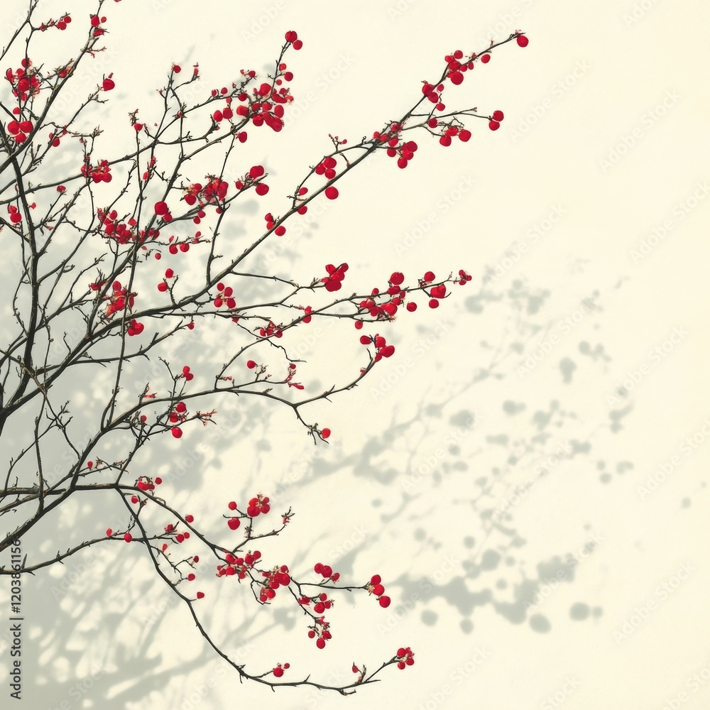 Bare Branches and Red Berries on a Pale Background with Shadowy Texture