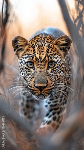 Leopard walking through the underbrush at sunrise in the wild