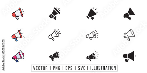 Megaphone icons set. Loudspeaker megaphone vector icons. Advertising concept. Megaphone icon,Voice sound speech. Set of announcement icons. Advertising and Megaphone icon set. Loudspeaker icon vector.
