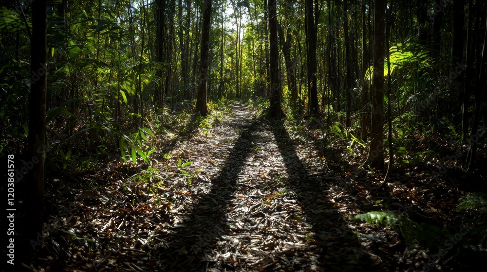 Tropical forest shadows cast on leafy pathway nature walk soft focus lush environment serene viewpoint tranquil concept Tropical forest shadows cast on leafy pathway nature walk soft focus lush environment serene viewpoint tranquil concept