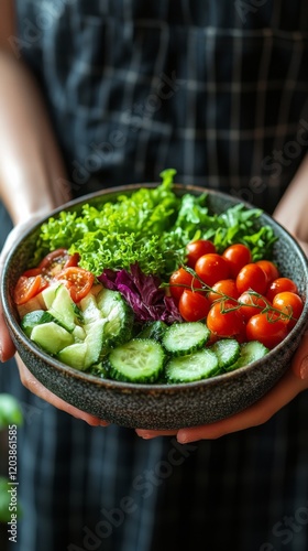 Fresh and colorful salad with vibrant vegetables held by a person in casual a...