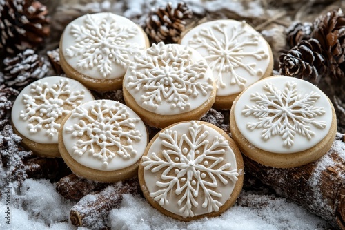 Beautifully decorated snowflake cookies arranged on a wooden surface during w...