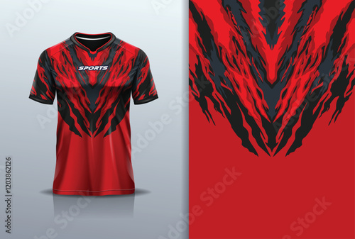 T-shirt mockup abstract texture grunge texture sport jersey design for football, soccer, racing, esports, running, in red black color