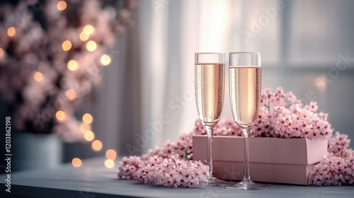 Celebration with sparkling drinks and floral decorations in a cozy setting during springtime