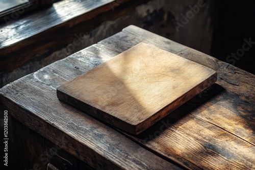 Simple wooden cutting board on rustic table illuminated by natural light