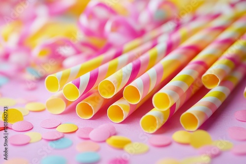 Bright striped straws arranged on a pink background with colorful confetti fo...