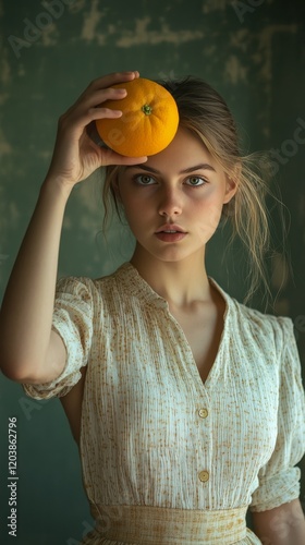 Young woman holding an orange close to her face against a dark backdrop in so...