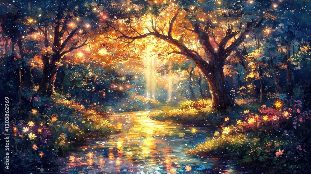 A serene fantasy valley glowing under a starlit sky filled with twin auroras. Radiant rivers of liquid crystal flow gently through the landscape, reflecting the soft glow of bioluminescent flowers A serene fantasy valley glowing under a starlit sky filled with twin auroras. Radiant rivers of liquid crystal flow gently through the landscape, reflecting the soft glow of bioluminescent flowers