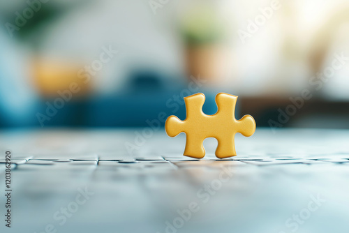 A close-up of a golden puzzle piece standing upright, symbolizing uniqueness and connection.