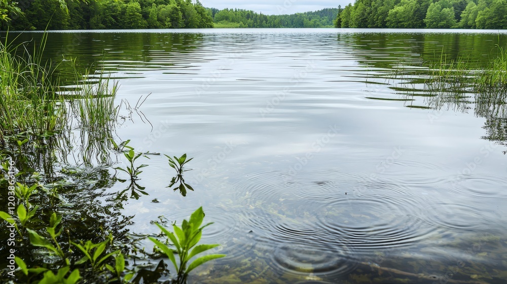 Fototapeta premium Serene lake water reflections at dawn nature scene calm environment tranquil viewpoint abstract concept