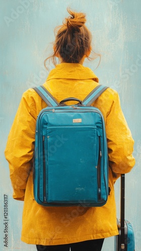 Woman in yellow raincoat with suitcase and backpack prepares for travel