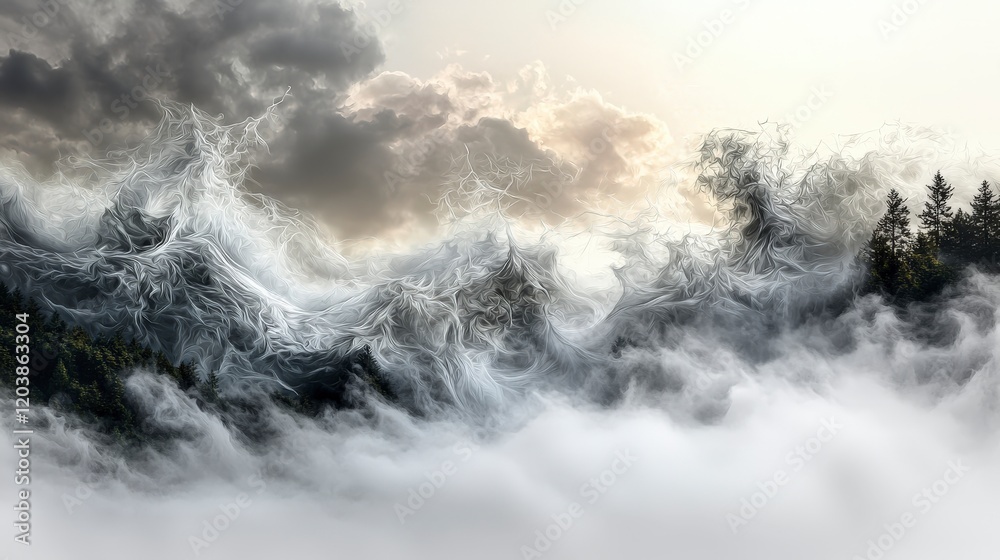 Obraz premium Mystical clouds and mist rolling over serene forest landscape abstract art dreamy atmosphere artistic viewpoint