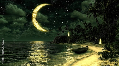 A serene futuristic coastline where radiant cliffs shimmer under a crescent moon. The ocean glows with bioluminescent waves, and glowing obelisks rise sporadically from the shimmering sand.  photo