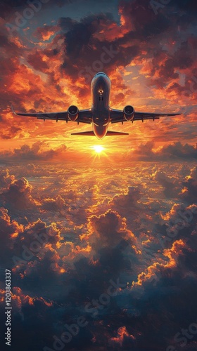 Airplane flying above clouds during a vibrant sunset illuminating the sky wit...