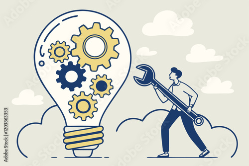 business idea, lightbulb with gear inside, businessman holding wrench, problem-solving concept, innovation, creativity, blue and yellow color scheme, minimalist illustration, flat design, cl