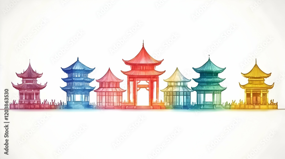 Obraz premium Colorful Asian temples, landscape, travel brochure